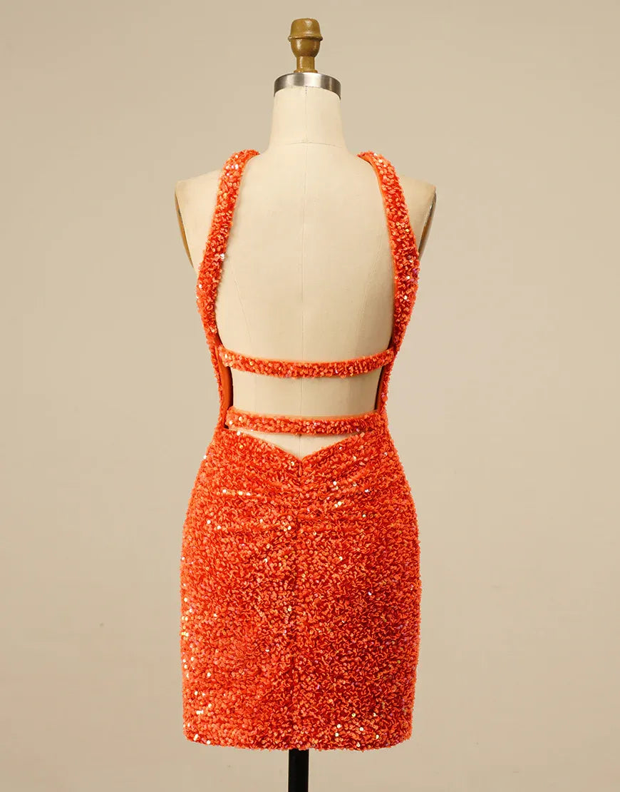 Vestido sexy naranja de fiesta con lentejuelas, espalda descubierta y cuello halter